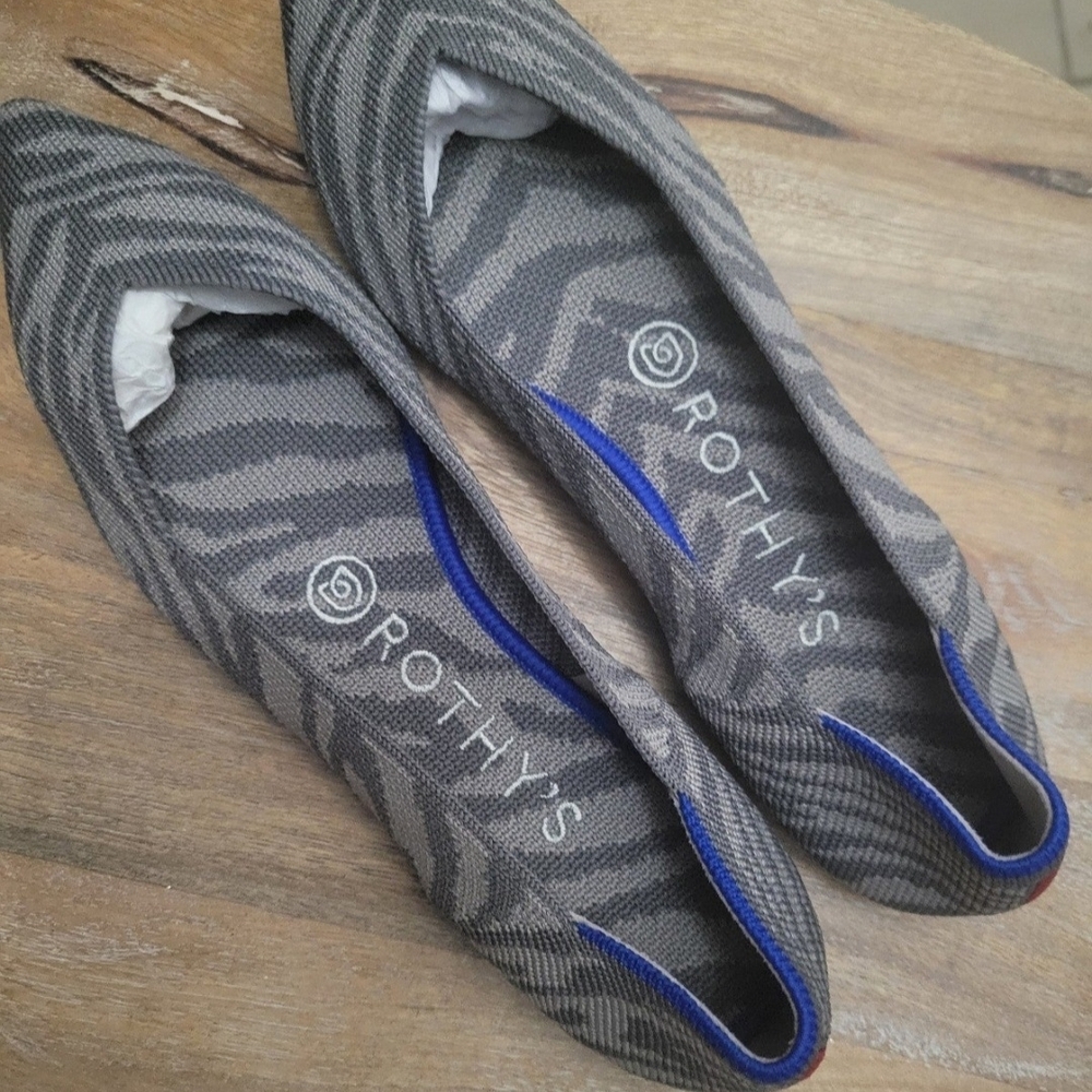 Rothy's Gray Zebra Pointed Toe Flats with Blue Trim